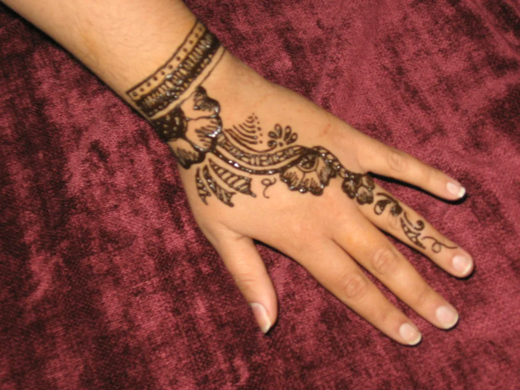 Hand decorated with a bridal mehndi design resting on red velvet